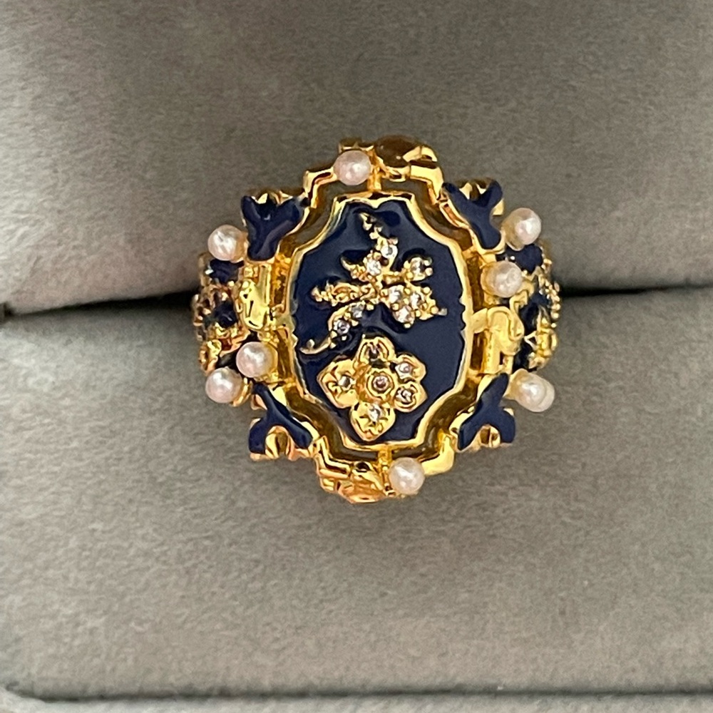 Solid 18KT 750 Yellow Gold Blue Enamel Pearl Ring